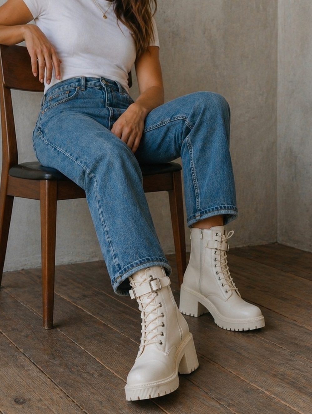 Women's Cream Lace-Up Buckle Combat Boots
